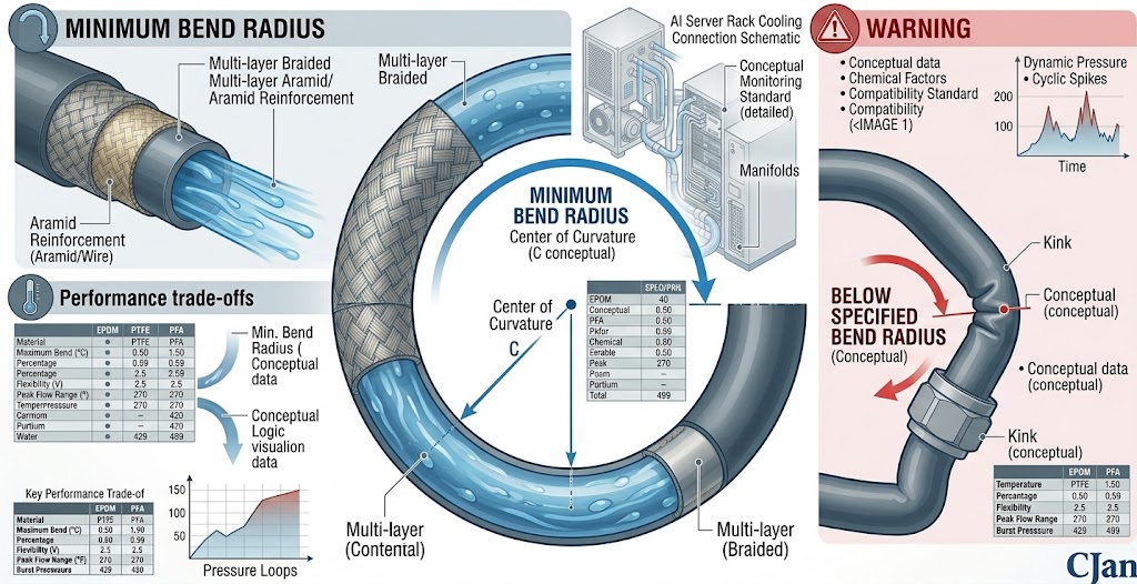 Minimum bend radius illustration for liquid cooling hose installation