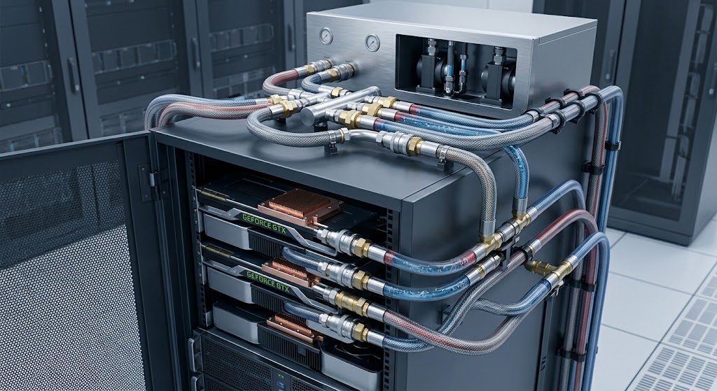 AI GPU server liquid cooling circuit with hoses, CDU and cold plates