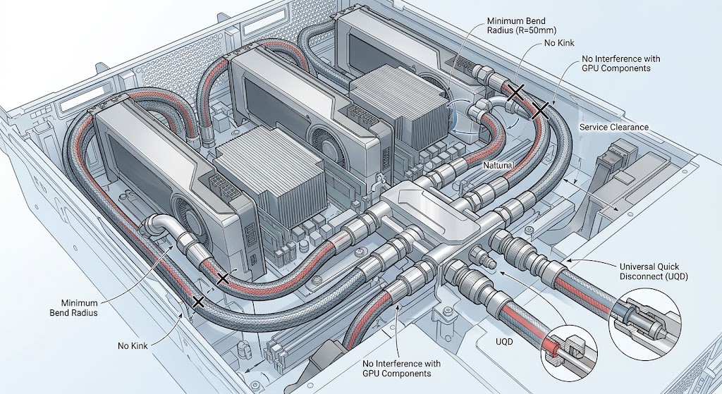 Proper liquid cooling hose routing inside an AI GPU server