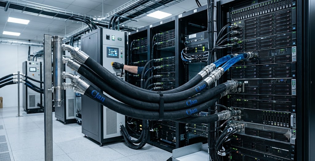 Realistic application scene showing reliable cooling hose installation in an AI data center.