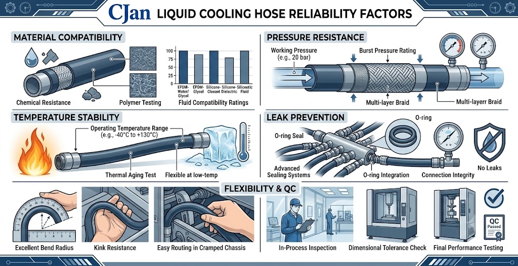 Technical infographic showing the major factors affecting liquid cooling hose reliability.